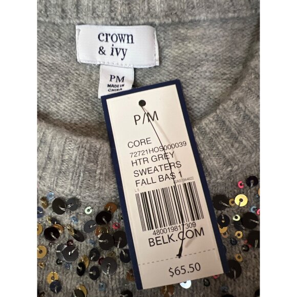 Crown & Ivy Women's Sweater Heather Grey Sequin Long Sleeve Petite Medium PM NEW - Picture 7 of 8